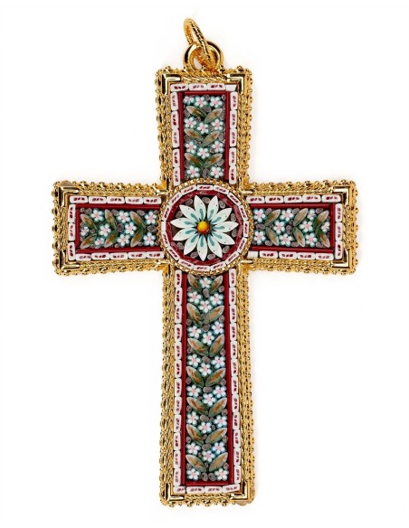 White Red Micromosaic Floral Cross Pendant