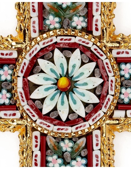 White Red Micromosaic Floral Cross Pendant