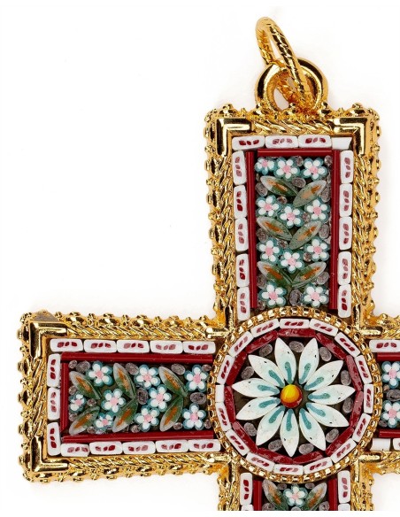 White Red Micromosaic Floral Cross Pendant