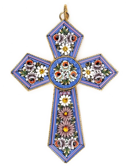 Violet Micromosaic Floral Cross Pendant