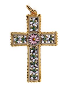Grey Micromosaic Floral Cross Pendant