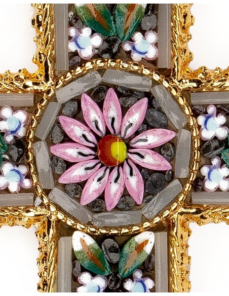 Grey Micromosaic Floral Cross Pendant