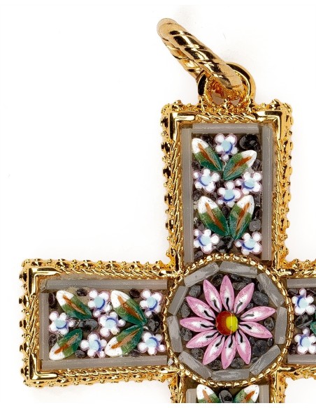 Grey Micromosaic Floral Cross Pendant