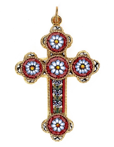 Red Micromosaic Floral Cross Pendant