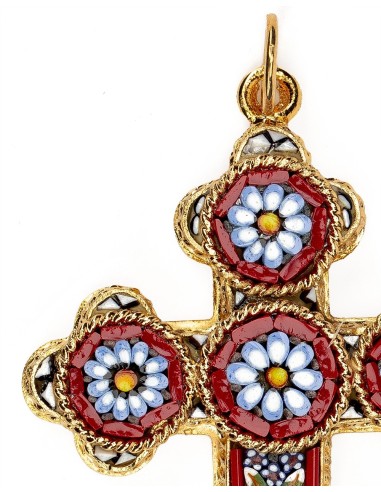 Red Micromosaic Floral Cross Pendant