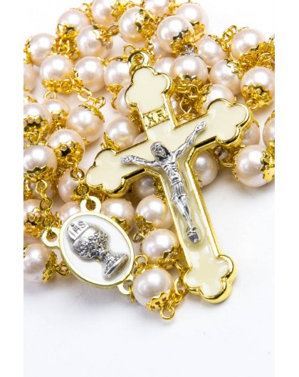 Holy Communion White and Gold Rosary