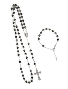 Black Beads Strass Sterling Silver Rosary Set | Vatican Gift