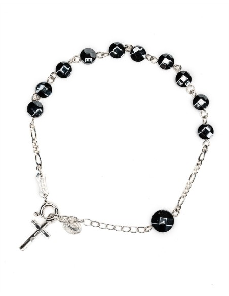 Flat Hematite Beads Sterling Silver Rosary Bracelet