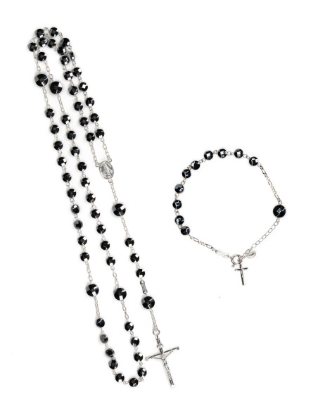 Flat Hematite Beads Sterling Silver Rosary and Rosary Bracelet Set