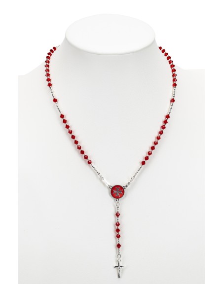 Red Crystal Sterling Silver Rosary Set Maltese Cross