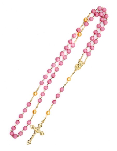 Pink Bohemian Glass Golden Pearls Rosary