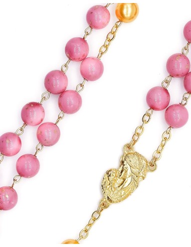 Pink Bohemian Glass Golden Pearls Rosary