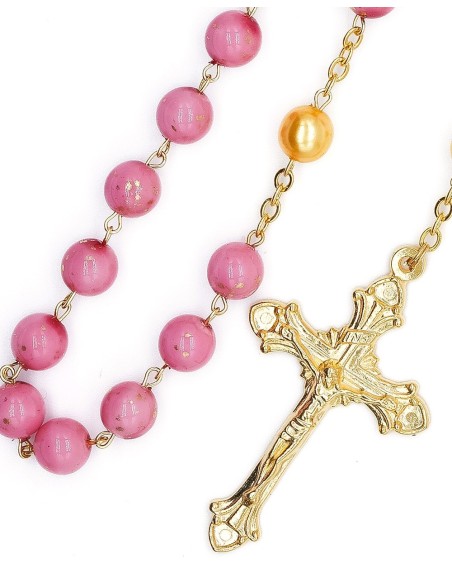 Pink Bohemian Glass Golden Pearls Rosary
