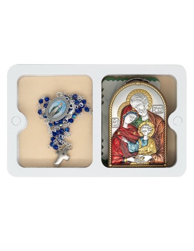Holy Family Metal Icon Blue Glass Rosary Wooden Box Set