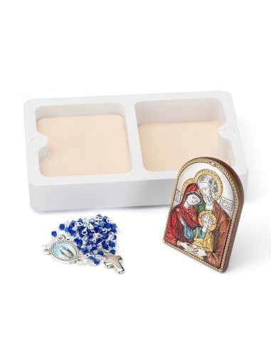 Holy Family Metal Icon Blue Glass Rosary Wooden Box Set