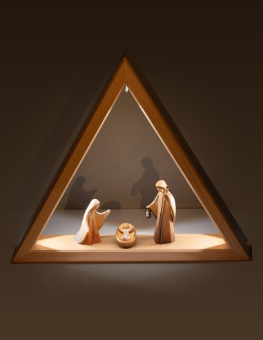 Wood Carved Nativity Scene Triangle Lighted Frame | Vatican Gift