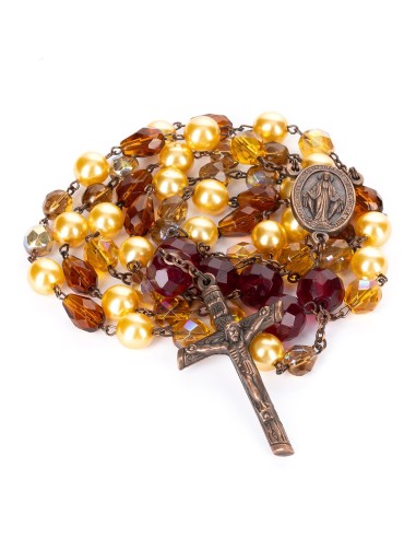 Bronze Yellow Red Orange Bohemian Glass Golden Pearls Rosary