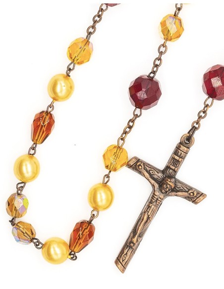 Bronze Yellow Red Orange Bohemian Glass Golden Pearls Rosary Bronze Yellow Red Orange Bohemian Glass Golden Pearls Rosary