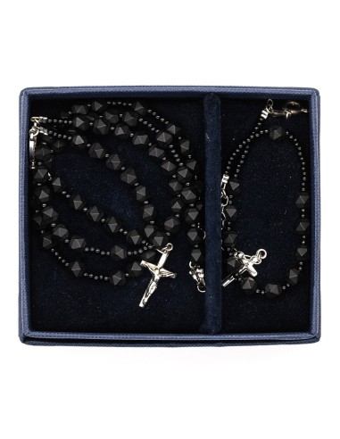 Sterling Silver Black Matte Faceted Glass Rosary Necklace Bracelet Set