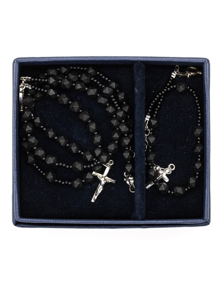 Sterling Silver Black Matte Faceted Glass Rosary Necklace Bracelet Set Sterling Silver Black Matte Faceted Glass Rosary Necklace Bracelet Set