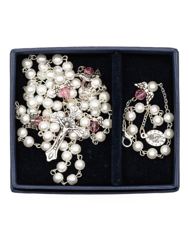 Pearls Pink Crystal Rosary Bracelet Set