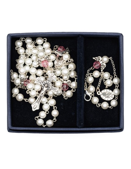 Pearls Pink Crystal Rosary Bracelet Set