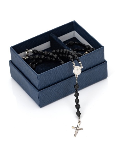 Sterling Silver Black Matte Faceted Glass Rosary Necklace Bracelet Set Sterling Silver Black Matte Faceted Glass Rosary Necklace Bracelet Set