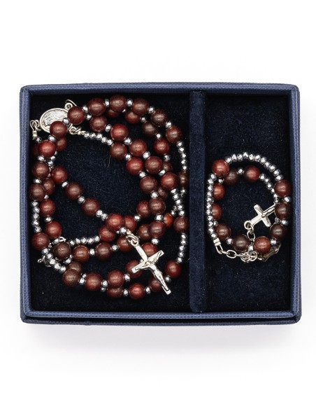 Mahogany Wood Sterling Silver Hematite Rosary Necklace Bracelet Set Mahogany Wood Sterling Silver Hematite Rosary Necklace Bracelet Set