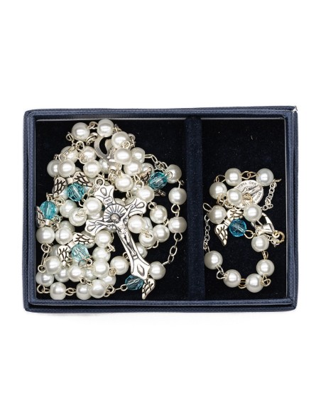 Pearls Light Blue Crystal Rosary Bracelet Set