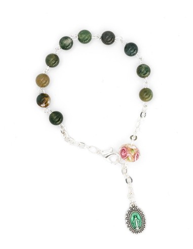 Agate Glass Rose Beads Rosary Bracelet Set