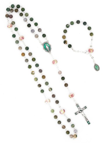 Agate Glass Rose Beads Rosary Bracelet Set
