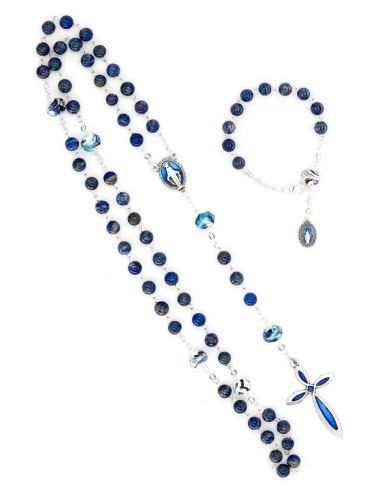 Lapis Lazuli Variegated Glass Beads Rosary Bracelet Set