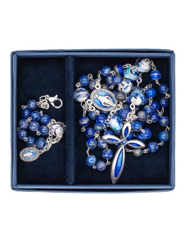 Lapis Lazuli Variegated Glass Beads Rosary Bracelet Set