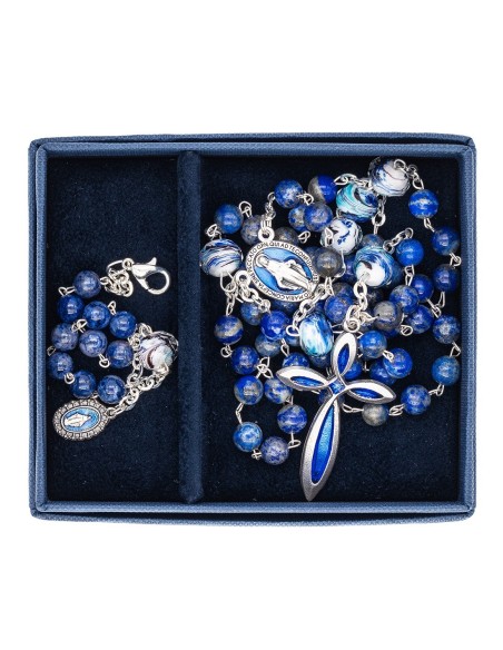 Lapis Lazuli Variegated Glass Beads Rosary Bracelet Set