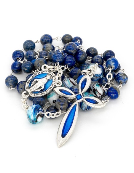 Lapis Lazuli Variegated Glass Beads Rosary Bracelet Set