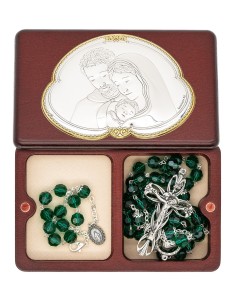Emerald Green Crystal Rosary Bracelet Wooden Box Set