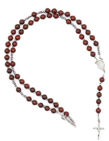 Mahogany Wood Sterling Silver Hematite Rosary Necklace Bracelet Set | Vatican Gift