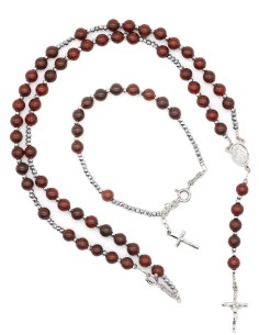 Mahogany Wood Sterling Silver Hematite Rosary Necklace Bracelet Set 2