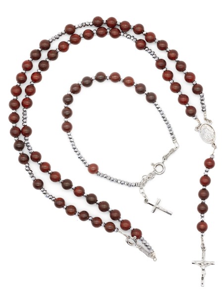 Mahogany Wood Sterling Silver Hematite Rosary Necklace Bracelet Set | Vatican Gift Mahogany Wood Sterling Silver Hematite Rosary Necklace Bracelet Set | Vatican Gift
