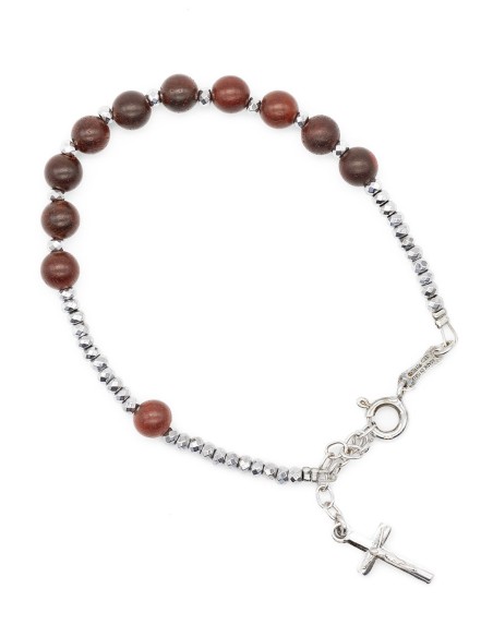 Mahogany Wood Sterling Silver Hematite Rosary Necklace Bracelet Set Mahogany Wood Sterling Silver Hematite Rosary Necklace Bracelet Set