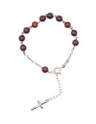 Mahogany Wood Sterling Silver Rosary Bracelet Set