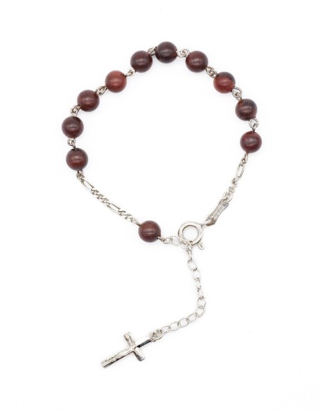Mahogany Wood Sterling Silver Rosary Bracelet Set