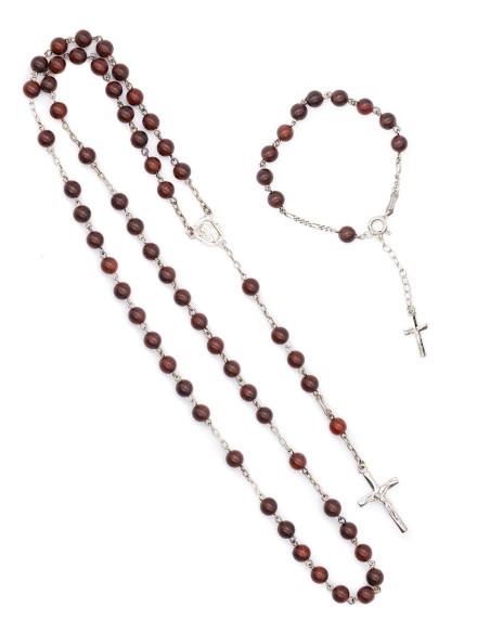 Mahogany Wood Sterling Silver Rosary Bracelet Set