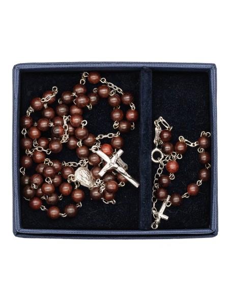 Mahogany Wood Sterling Silver Rosary Bracelet Set