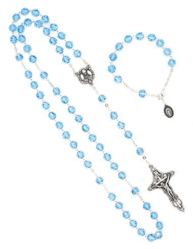 Sky Blue Crystal Rosary Bracelet Wooden Box Set