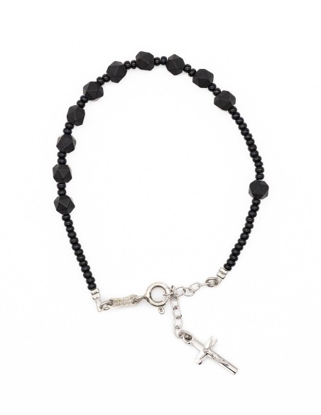 Sterling Silver Black Matte Faceted Glass Rosary Necklace Bracelet Set Sterling Silver Black Matte Faceted Glass Rosary Necklace Bracelet Set