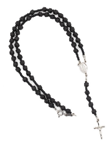 Sterling Silver Black Matte Faceted Glass Rosary Necklace Bracelet Set
