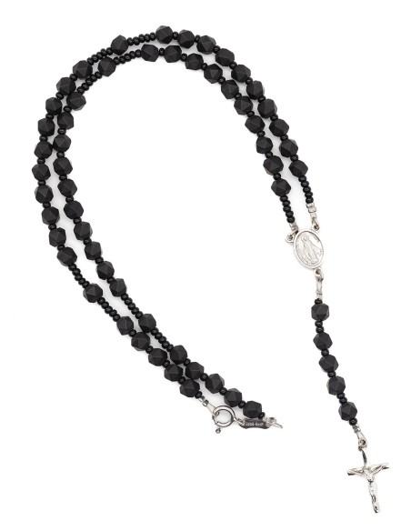 Sterling Silver Black Matte Faceted Glass Rosary Necklace Bracelet Set Sterling Silver Black Matte Faceted Glass Rosary Necklace Bracelet Set