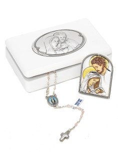 Light Pink Crystal Rosary Necklace Holy Family Icon Set