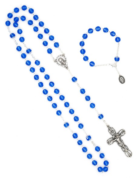 Sapphire Blue Crystal Rosary Bracelet Wooden Box Set